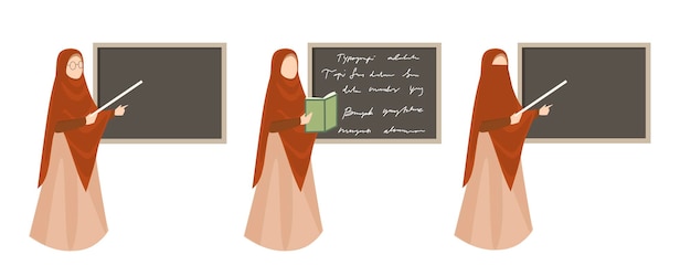 Vector moslim vrouwelijke leraar met hijab wijst naar het schrijfbord van de klas om student op school les te geven