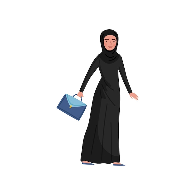 Moslim zakenvrouw met blauwe koffer in de hand Jonge vrouw met lange zwarte jurk en hijab Cartoon vrouwelijk personage Kleurige vectorillustratie in platte stijl geïsoleerd op witte achtergrond