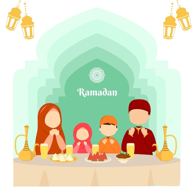 Moslimfamilie bidden voordat ze Iftar of Suhoor Ramadan kareem cartoon illustratie hebben