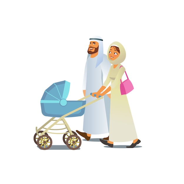 Moslimfamilie die met kinderwagenvector lopen