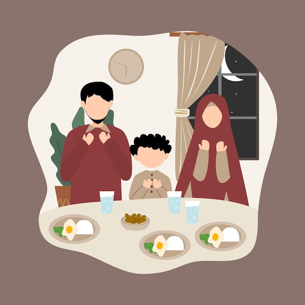 Vector moslimfamilie die ramadan ifthar samen eet