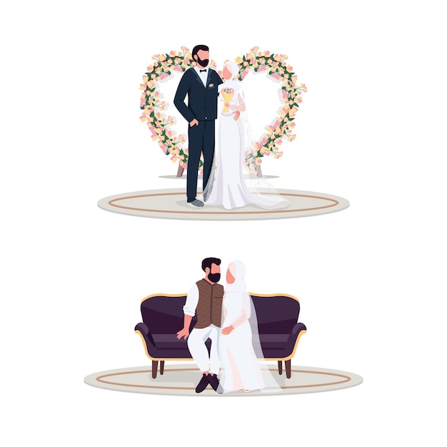 Moslimpaar op huwelijksdag egale kleur anonieme tekenset. florale decoratie. pasgetrouwd op fotoplek. huwelijk geïsoleerd cartoon afbeelding voor web grafisch ontwerp en animatie collectie