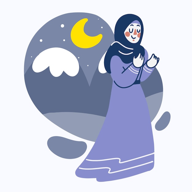 Moslimvrouw bidden bij Ramadan Kareem nacht illustratie