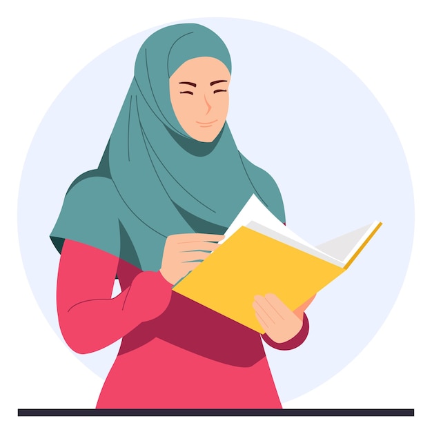 Vector moslimvrouw die een boek leest dat de koran leest