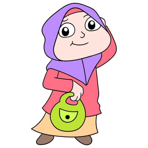 Moslimvrouw die een hijab draagt die een boodschappentas draagt, vectorillustratieart. doodle pictogram afbeelding kawaii.