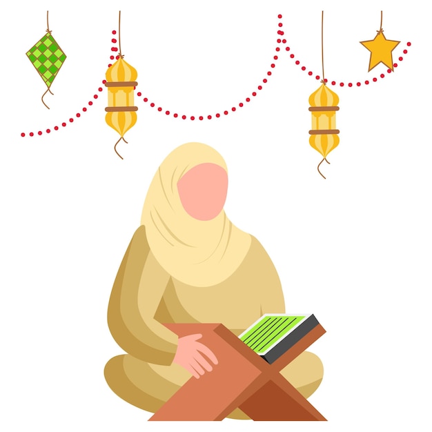 Vector moslimvrouw die hijab draagt en de koran reciteert concept arabisch meisje zoekt spirituele voeding vector