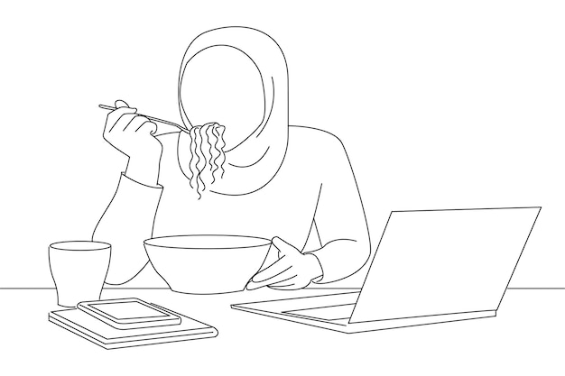 Moslimvrouw die instant noedels eet na overwerk op kantoor One line art