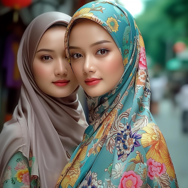 Vector moslimvrouwen die kleding dragen chansonnette melayu en sjaal kijken malaysia gezicht en gedurfd