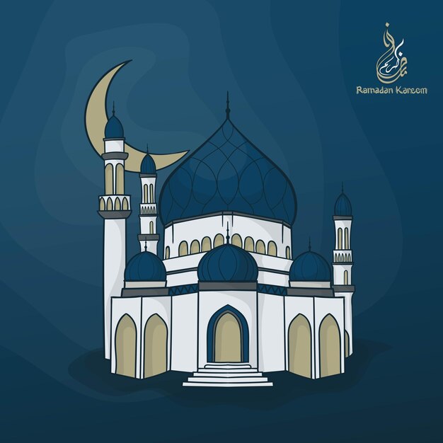 Mosque in cartoon design with blue background for ramadan template