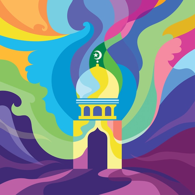 Vector mosque on colorful abstract background