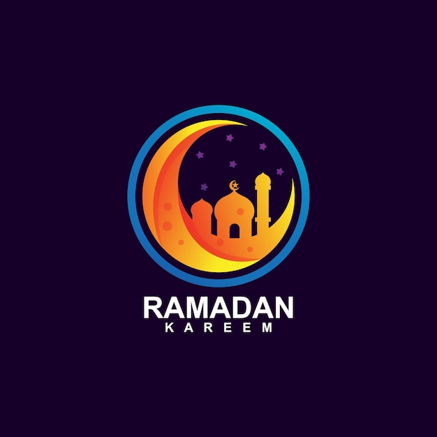 Mosque and crescent moon in ramadan kareem logo design