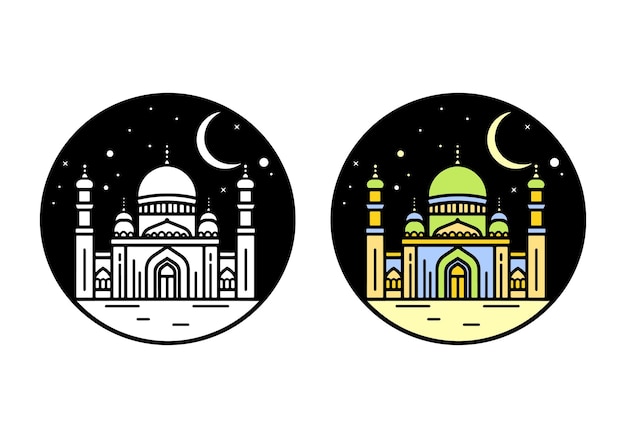 Illustrazione piatta della moschea moschea colorata vettore di contorno moschea line art building icona del logo della moschea