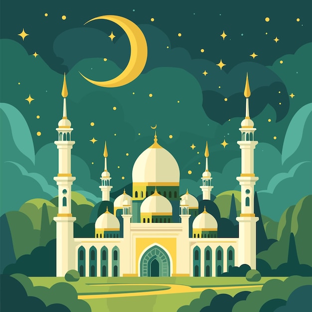 Mosque in the forest at night Vector illustration in flat style