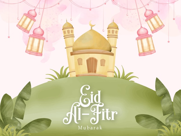 グリーンフィールドのモスクは,ピンクのスプラッシュの背景で,グリーティングカードのEid Al Fitr Mubarak