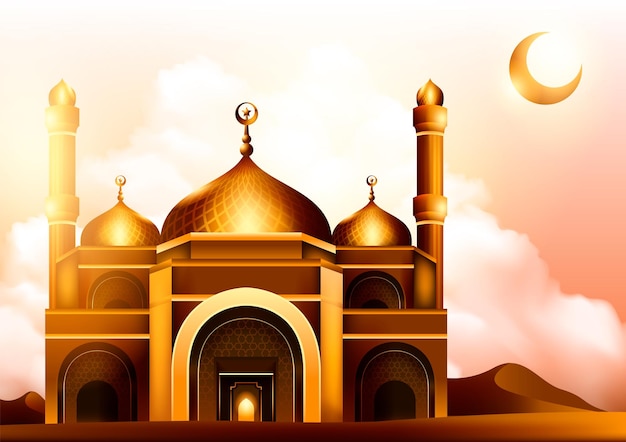 Vector mosque illustration golden mosque for ramadan kareem banner design template and background