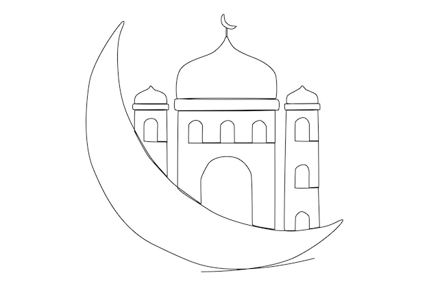 Mosque on the Islamic crescent moon one line art