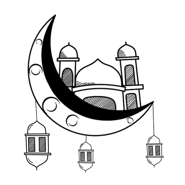 mosque line art and ramadan month ornaments