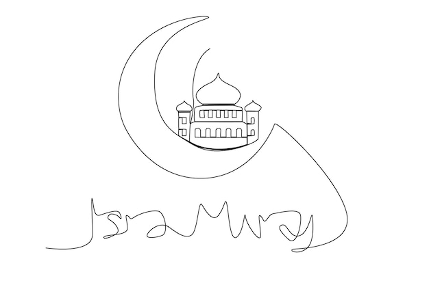 Mosque and moon for Isra Miraj illustration one line art