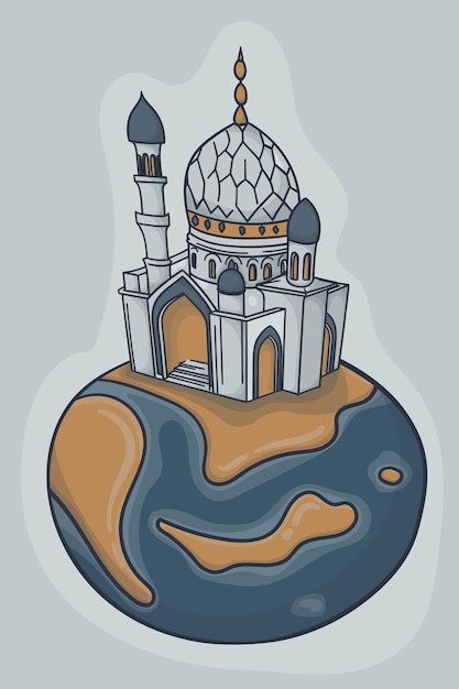 라마단 카림 템플릿 디자인을 위한 손으로 그린 일러스트레이션 디자인의 지구 모스크