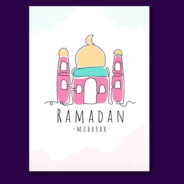 Vector mosque ramadan greeting card with continuous line hand drawn islamic design collections