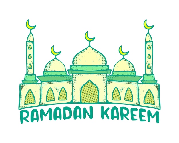 Mosque and ramandan karem typography full color cartoon illustration free vector