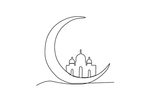 A mosque shrouded in a crescent moon Mawlid oneline drawing