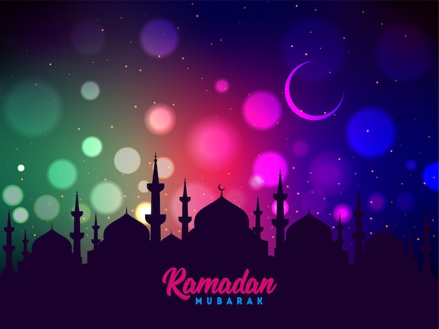 Vector mosque silhouette on colorful shiny background for islamic ramadan mubarak