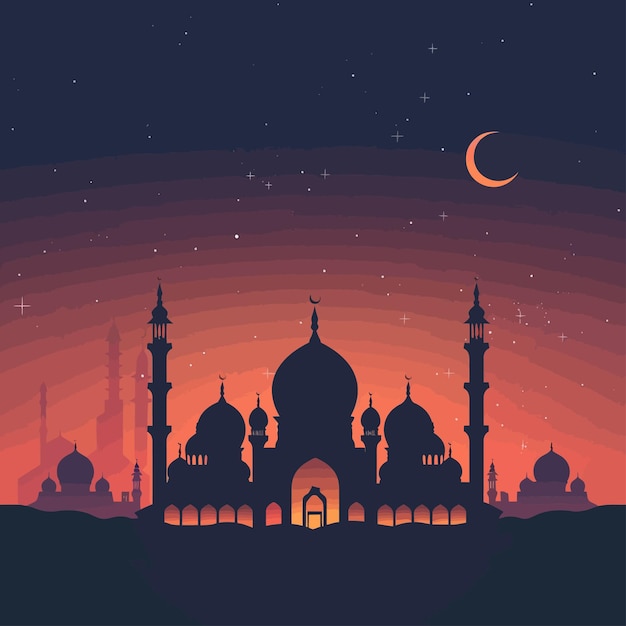 Vector mosque_silhouette_in_night_sky_with_crescent_moon