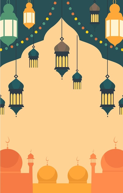 モスクのシルエットとランタンのイスラム祭りのカード背景
