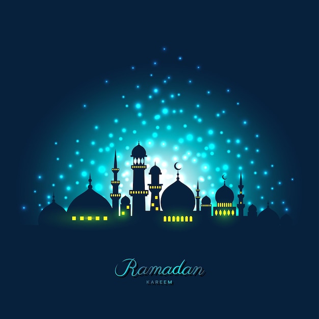 Mosque silhouette in night sky and light for ramadan of Islam