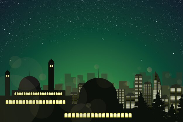 Vector mosque silhouette in starry night sky