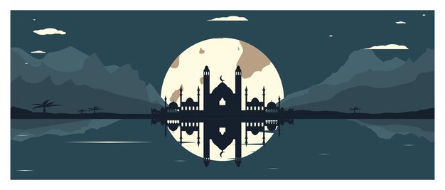 mosque silhouette with mountains and full moon in the background