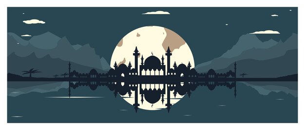 mosque silhouette with mountains and full moon in the background