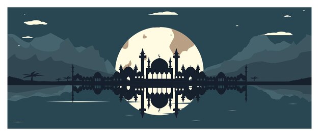 Vector mosque silhouette with mountains and full moon in the background