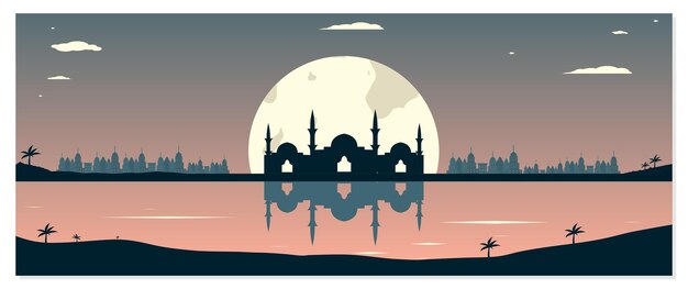Vector mosque silhouettes with urban buildings and sunset background