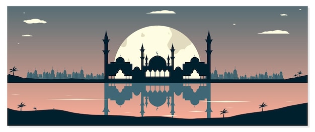Mosque Silhouettes with Urban Buildings and Sunset Background