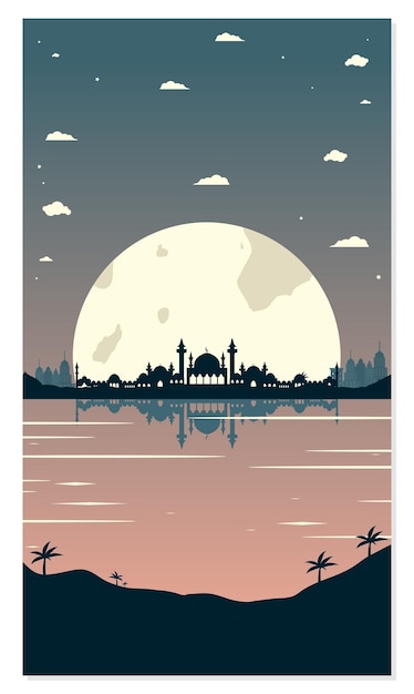 Mosque Silhouettes with Urban Buildings and Sunset Background