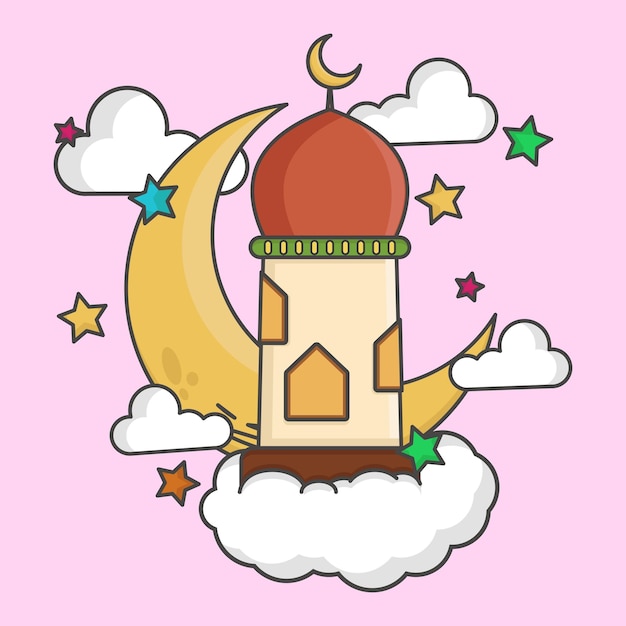 Vettore moschea nel cielo cartone animato