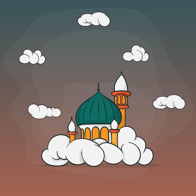 Mosque with cloud vector illustration in cartoon design for ramadan template