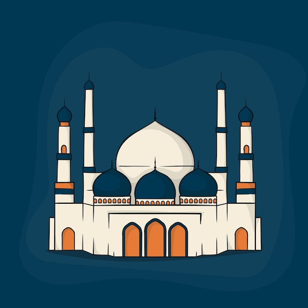 Mosque with front view in cartoon design with blue background for ramadan template design