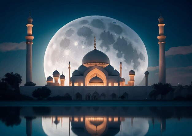 Vector mosque with a full moon in the background