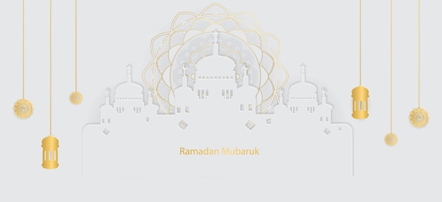 Mosque with gold lamp and entering the month of ramadanVector illustration