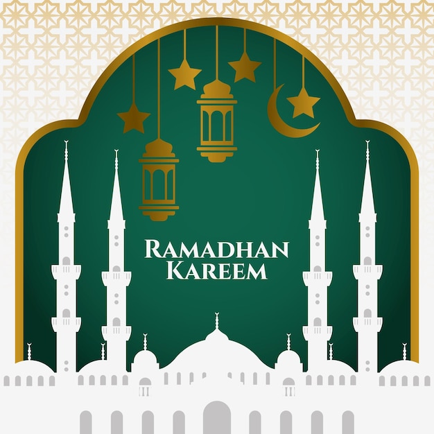 Mosque with lantern and moon on green abstract background for ramadan kareem suitable for gretting card ramadan celebration