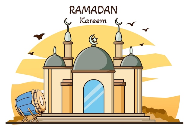 Mosque with muslim drum ramadan kareem cartoon illustration