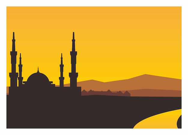 Mosque with a sunset in the background simple flat illustration