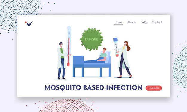 蚊ベースの感染ランディングページテンプレート。治療を適用するクリニックで横たわっているデング熱の患者の性格。任命中にベッドの近くでテストを受けている看護師。漫画の人々のベクトル図