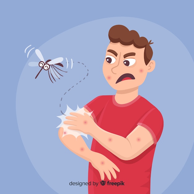 Vector mosquito bijt een persoon met een plat ontwerp