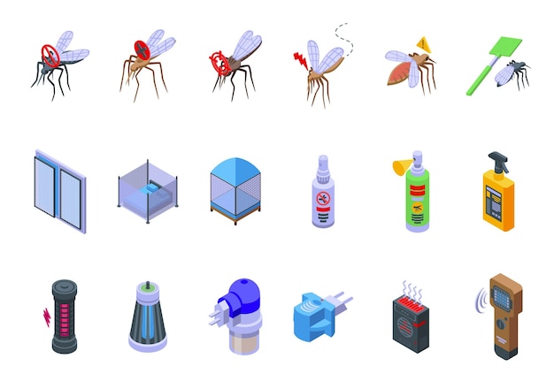 Mosquito protective icons set isometric vector Aerosol bite