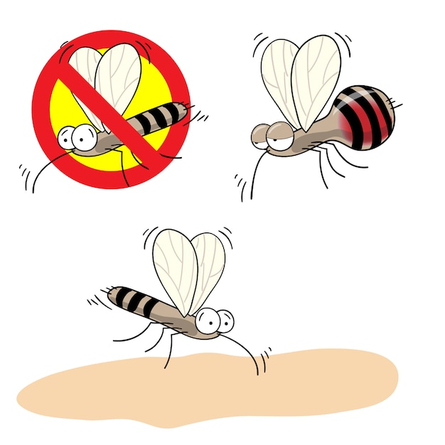 Le zanzare fermano il segno - immagine del fumetto di vettore della zanzara divertente ubriaca di sangue e in un cerchio barrato rosso