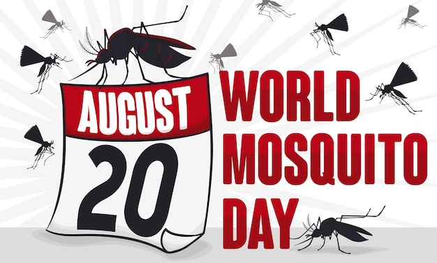 Mosquitoes swarm flying around a looseleaf calendar with reminder date for World Mosquito Day